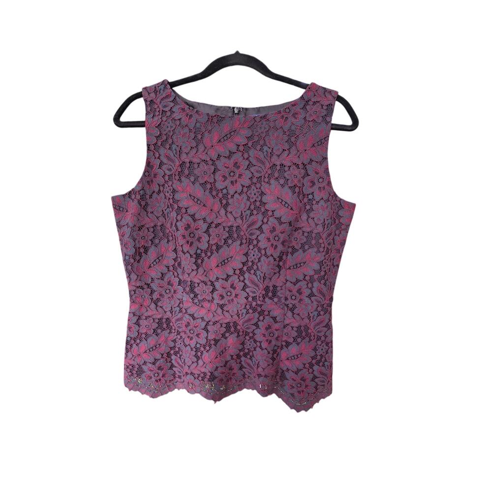 Brooks Brothers Burgundy Black Floral Lace Sleeveless Blouse Peplum Top 10